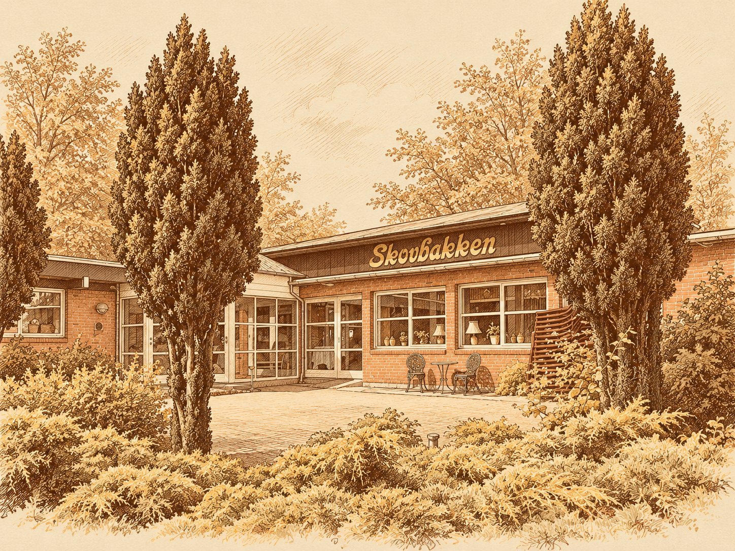 Tegning af Restaurant Skovbakken i Odder om efteråret i varme brune toner